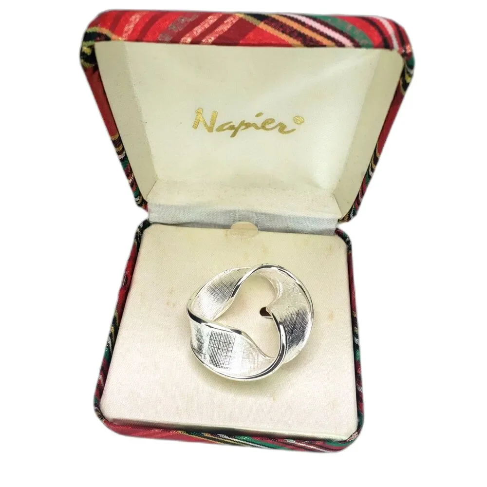 Napier Loop Ribbon Circle Pin Textured Silver Tone Brooch Original Box 1960s VTG